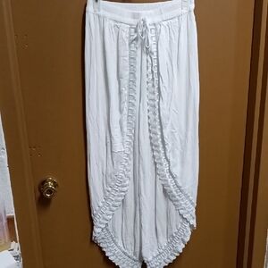 Women's White Wide Leg Pants with Ruffle Detail